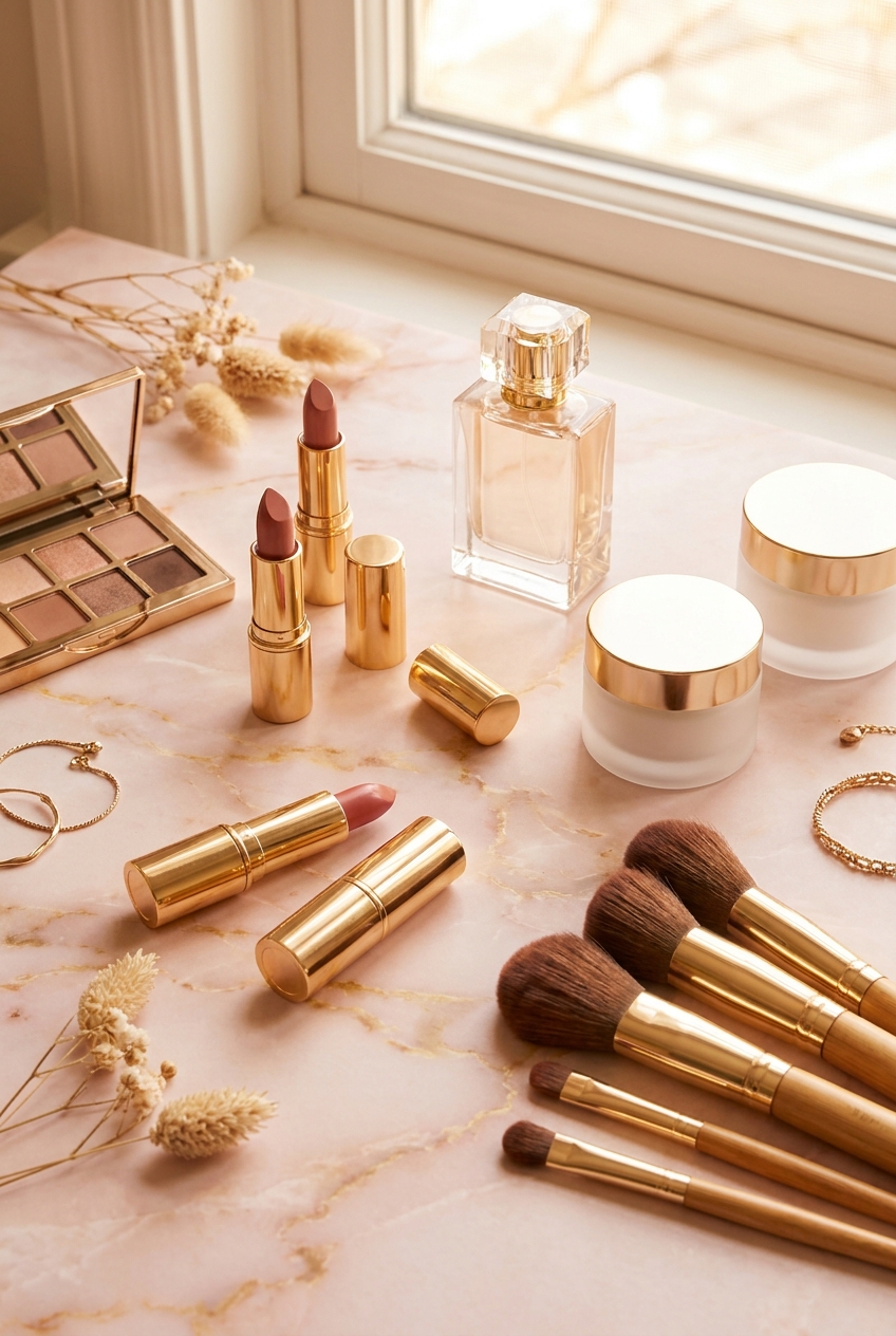 New U makeup, fragrance and skincare flat lay