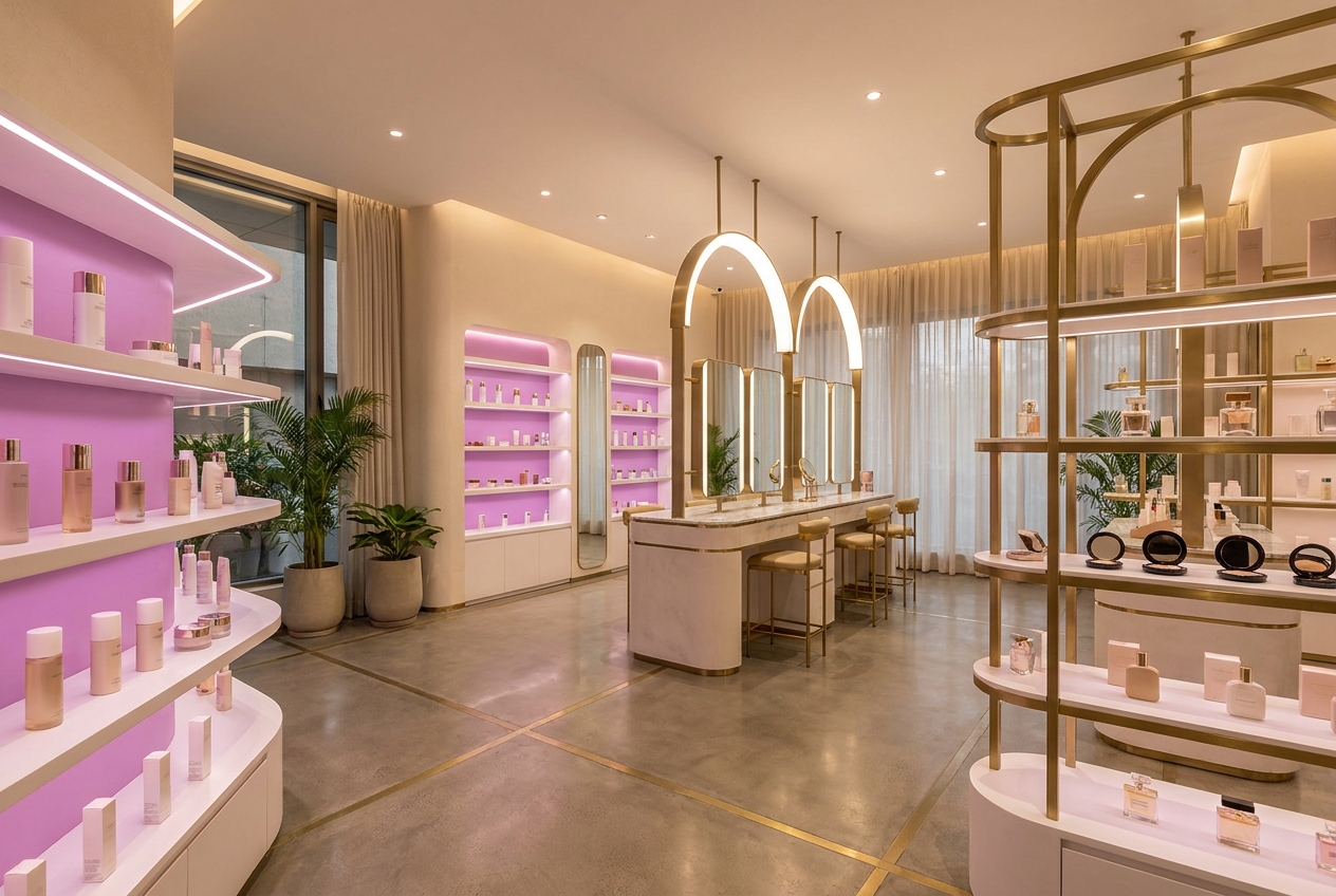 Inside a New U beauty store — skincare, makeup and fragrance shelves